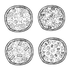 A set of whole, round pizzas. Vector graphics, hand-drawn black and white illustrations. Isolates on a white background. For recipes, menus, pizzeria decoration, packaging, and more.