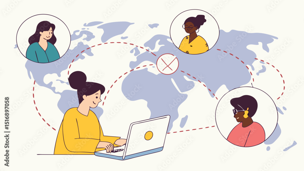 Poster woman using laptop with diverse avatars connected globally via dotted lines on world map background