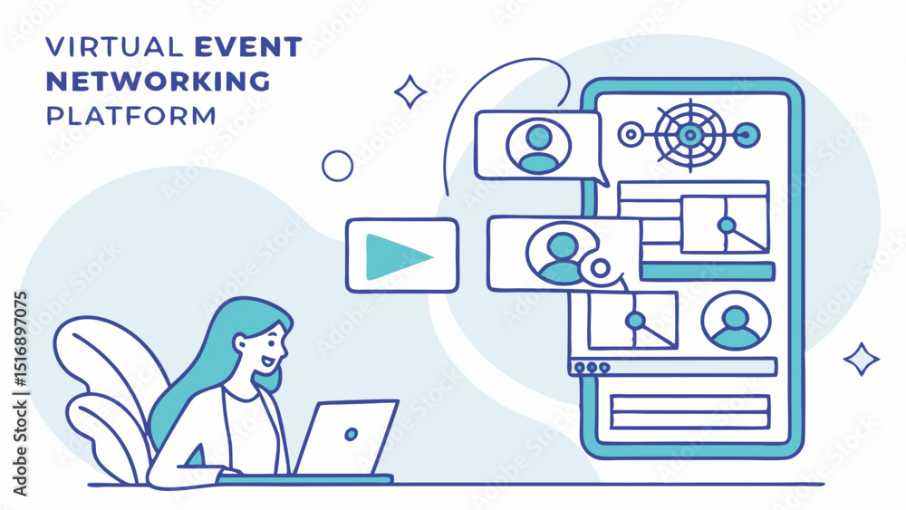 Poster illustration of a woman using a laptop with a virtual event networking platform on a mobile device s