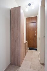 Narrow Entryway with Wooden Cabinet and a Closed Door View