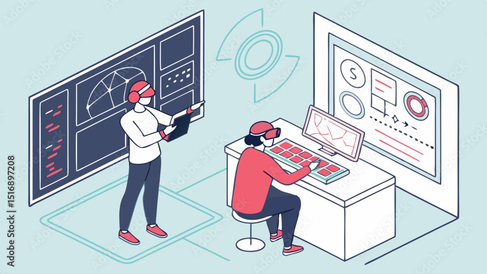 Aufkleber two people using vr headsets interacting with large screens in a virtual reality environment space