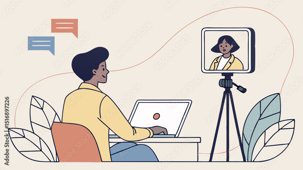 Poster man attends a video call with a woman on a screen using a laptop in a home office setting today