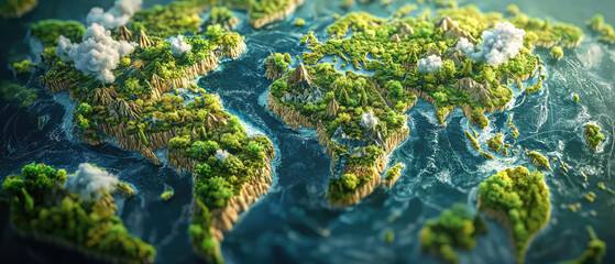 A textured world map with continents in earthy tones and lush green patches, set against a deep ocean backdrop. Travel, geography, or eco-friendly themes.