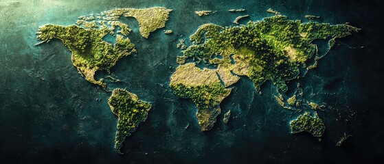 A textured world map with continents in earthy tones and lush green patches, set against a deep ocean backdrop. Travel, geography, or eco-friendly themes.