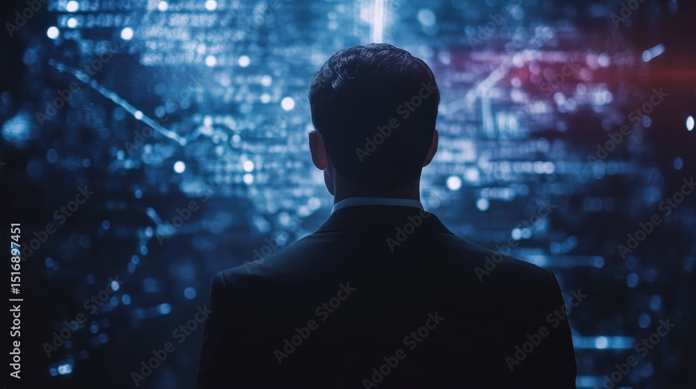 Poster a businessman looks into a futuristic digital interface displaying financial and data analytics, sym
