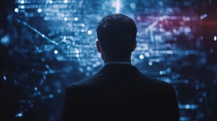 A businessman looks into a futuristic digital interface displaying financial and data analytics, symbolizing modern technology and innovation in business strategy.