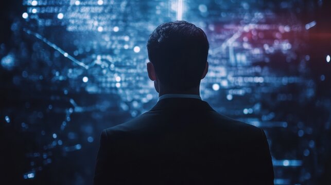 A businessman looks into a futuristic digital interface displaying financial and data analytics, symbolizing modern technology and innovation in business strategy.