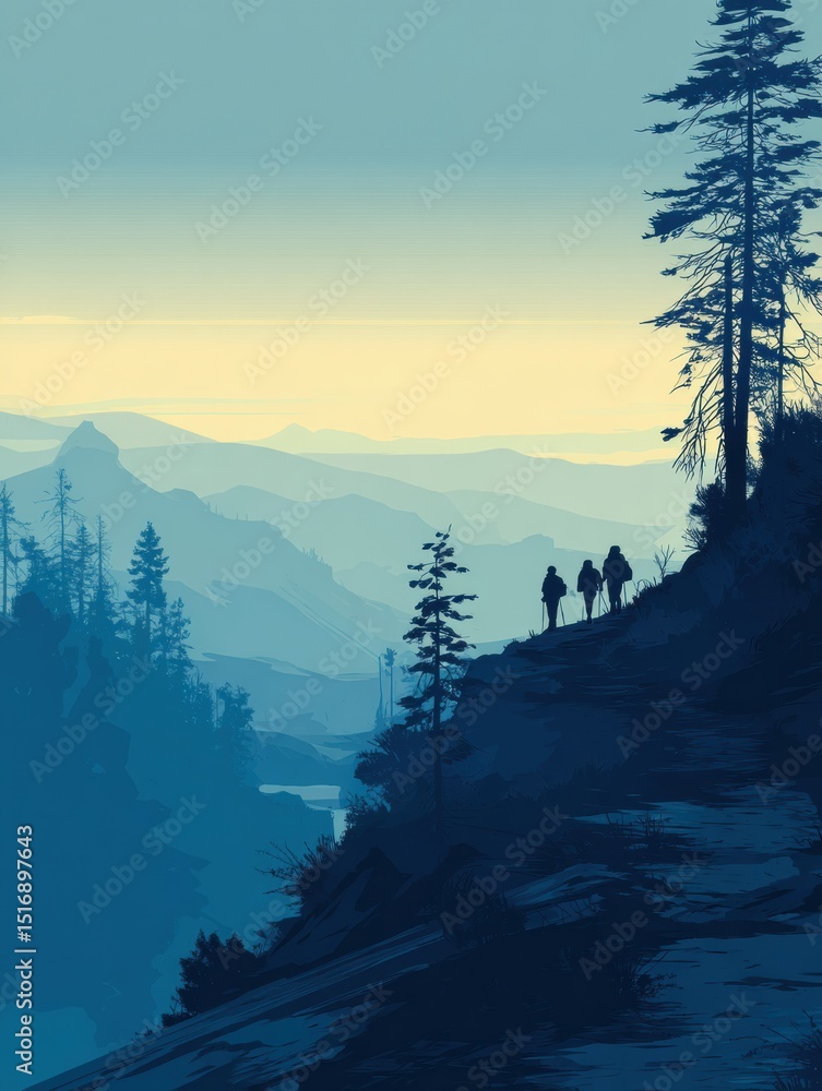 Poster sunset hike in the mountains with silhouettes of hikers on a winding path