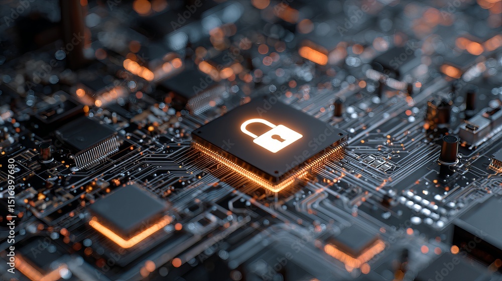 Poster cybersecurity digital lock on circuit board technology abstract background image modern data protect