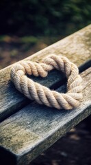 Fototapeta premium A heart-shaped rope rests on a weathered wooden bench