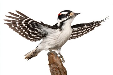 Detailed Close-Up of a Downy Woodpecker Perched on a Branch with Wings Spread