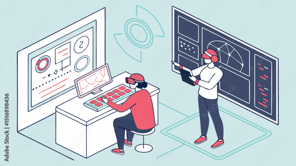 Poster two people using vr technology with screens displaying data and graphics in a modern workspace setti