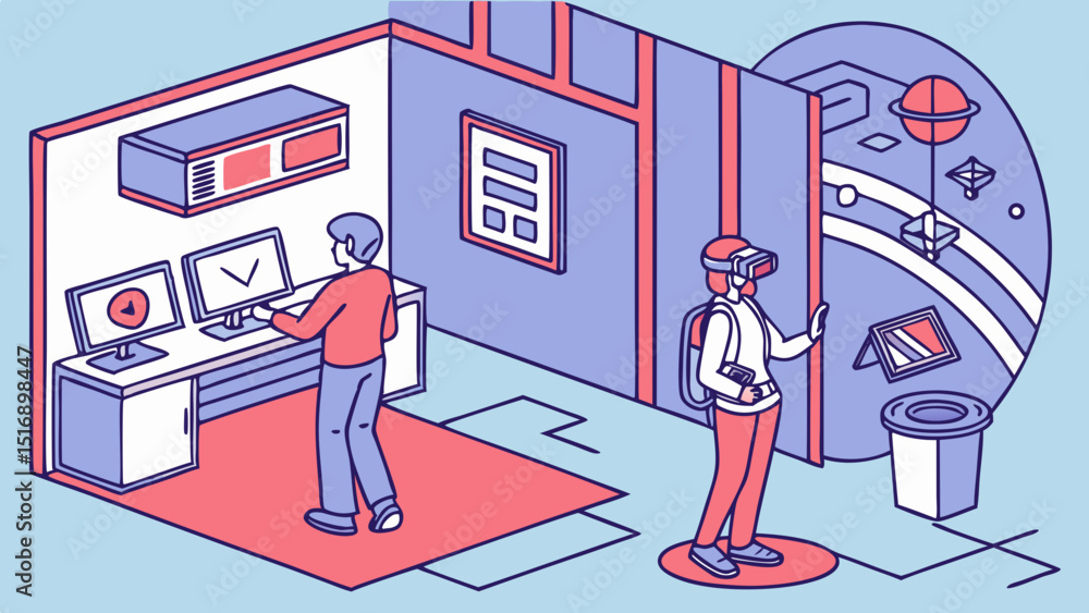Poster isometric view of two people in a room one using vr headset and the other using computers on a desk