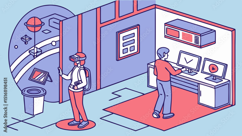 Poster isometric illustration of two people interacting with virtual reality and computer screens inside a 