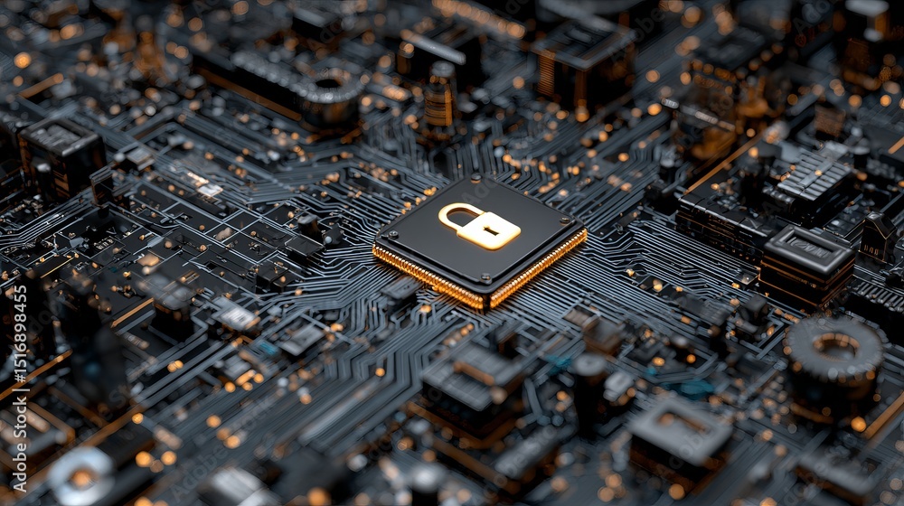 Poster abstract digital security technology concept golden padlock on circuit board cybersecurity network p