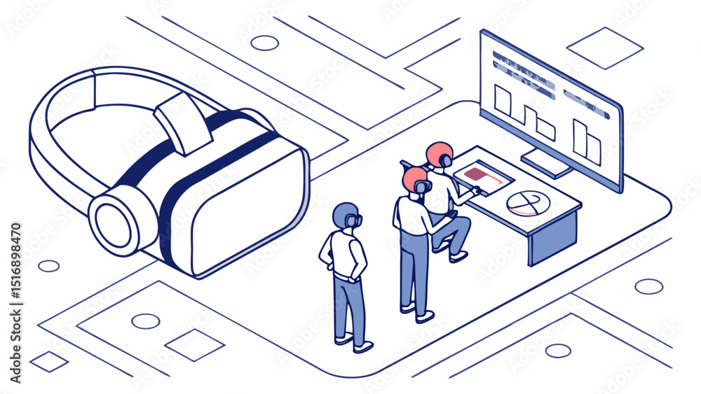 Poster isometric illustration of people using vr headset and interacting with a computer screen display set