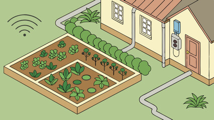 Isometric view of a house with a garden bed and wifi signal in the yard illustration style