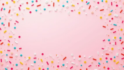 trendy pattern of colorful sprinkles for background of design banner, poster, flyer, card, postcard, cover, brochure over pink