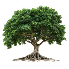 Lush green tree with exposed roots isolated on transparent background