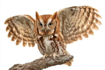 Obraz premium Red Screech Owl with Wings Spread Perched on a Branch