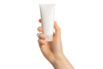 Woman's hand holding white tube isolated on a white background png ai generated