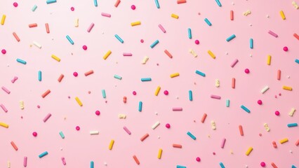 trendy pattern of colorful sprinkles for background of design banner, poster, flyer, card, postcard, cover, brochure over pink