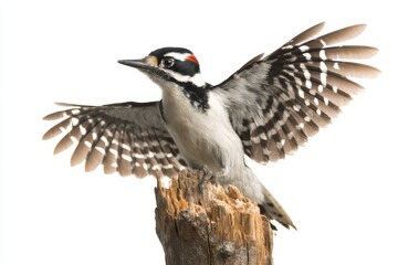 Obraz premium A charming Downy Woodpecker with wings spread wide perched atop a weathered wooden post against a clean white background, showcasing its intricate plumage.