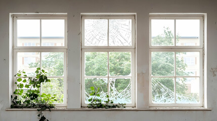 Three Windows With Ivy On Old Building Facade