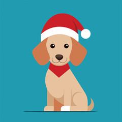 Cute cartoon dog wearing santa hat and red bandana on a vibrant turquoise background