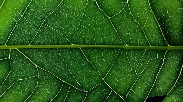 Extreme close-up of vibrant green leaf displaying intricate vein patterns and textures in high detail for botany or nature themes