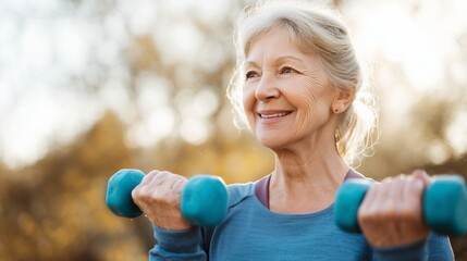 Active senior woman exercises with dumbbells outdoors in a sunny park setting