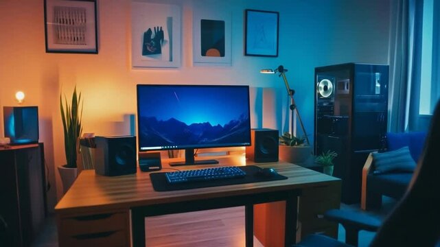 Serene gaming setup featuring a clean desk, powerful PC and comfortable ergonomic chair