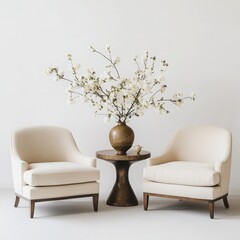 Two chairs with vase and flowers on a white background