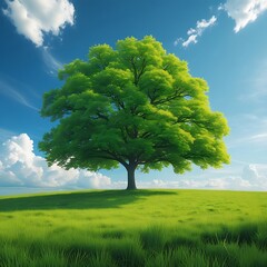 Obraz premium A tall tree rises in the center of a vibrant green field, surrounded by open space