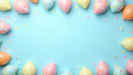 Flat lay decoration party concept pastel blue border top view