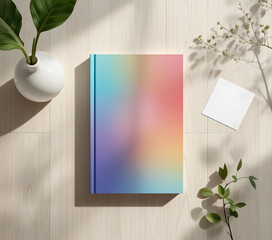 Pastel book mockup with plants and white card