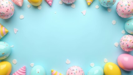 Flat lay decoration party concept pastel blue border top view