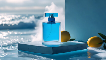Blue perfume bottle with lemons on ice