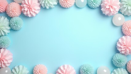 Flat lay decoration party concept pastel blue border top view