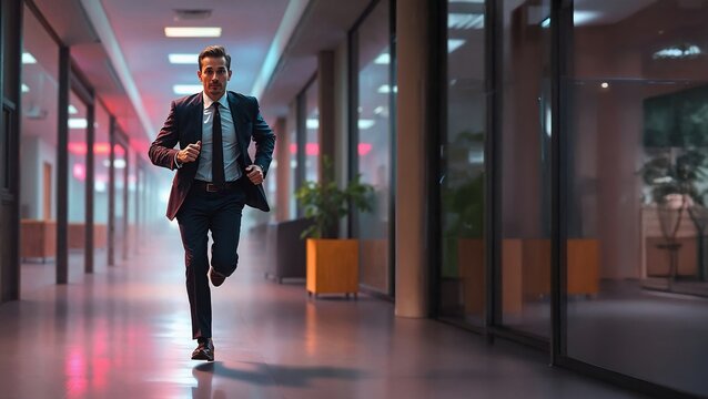 Businessman running in office corridor, in a hurry for a meeting