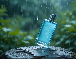 Blue perfume bottle in the rain