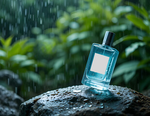 Blue perfume bottle in the rain on rock