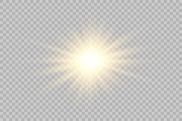 Gold glowing star. Realistic sun rays. Yellow sun ray glow abstract shine light effect. Yellow energy flash. Special lens flare light effect.