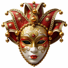 Naklejka premium Ornate venetian mask in red gold and white isolated on a pure white background