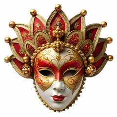 Naklejka premium Beautifully decorated venetian mask featuring red gold and white colors for costume and celebration