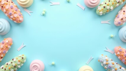 Flat lay decoration party concept pastel blue border top view