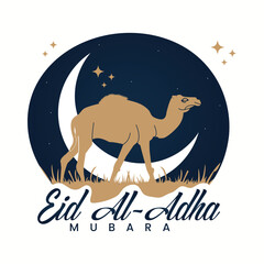 eid al-adha, mubarak, greeting, design with camel silhouette, crescent moon, and stars on night sky background. islamic festival vector illustration