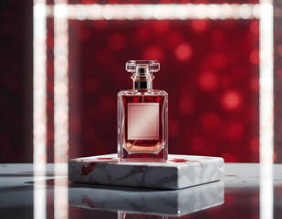 Luxury perfume bottle on marble display with red background