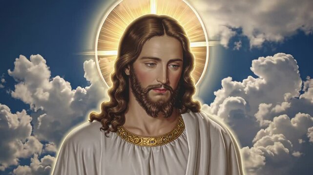 Icon of Jesus Christ prayer with a Glowing Halo Against Blue Sky and Moving Clouds &mdash;  Christianity Faith background