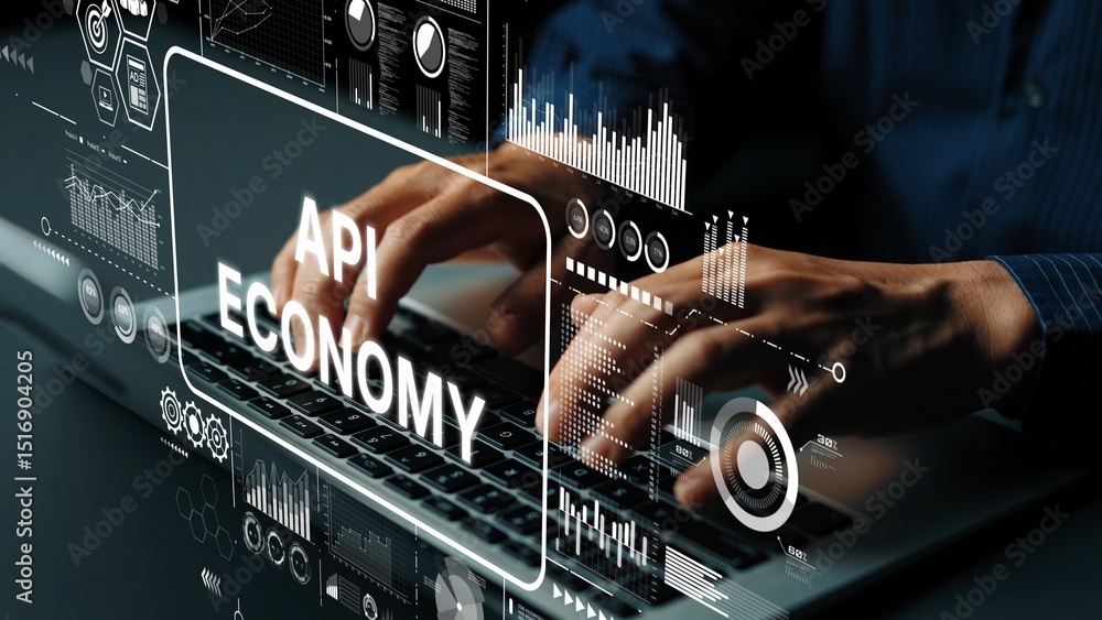 Poster hands typing on laptop surrounded by data visualizations representing api economy and digital transf